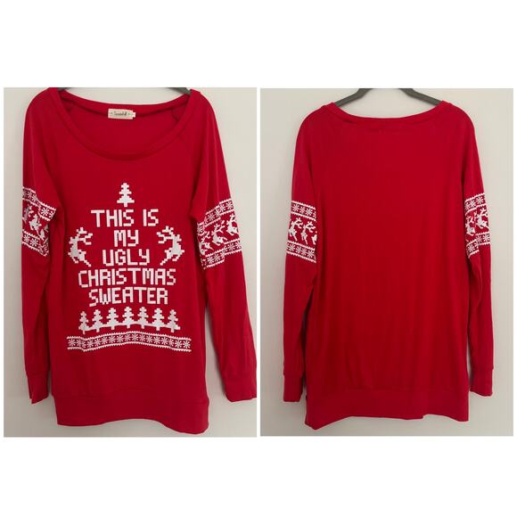 Spadehill ‘This is My Ugly Christmas Sweater’ Long Sleeve Top in Red - Picture 1 of 6